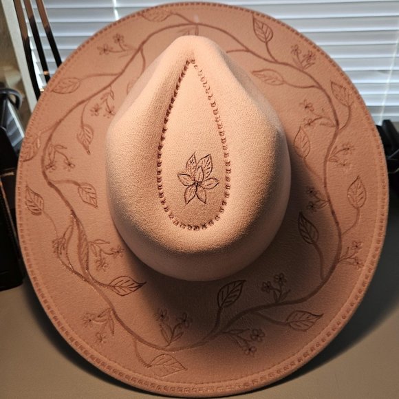 Tickled Pink Custom Hand Burned Pyrography Wide Brim Fedora Hat